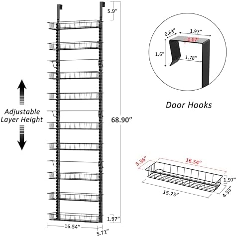 Churboro Over the Door Pantry Organizer Rack with 9 Adjustable Baskets, 9 Tiers Dual-use Hanging or Wall Mount Spice Rack Organizer, Black - Image 3