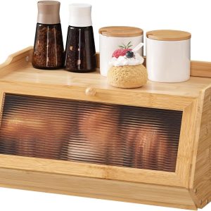 HOOBRO Large Bread Box, Bamboo Bread Box for Kitchen Countertop, Farmhouse Bread Storage Box with Acrylic Window, Bread Holder with Drop-Down Door, for Food Storage, Natural YL30MB01